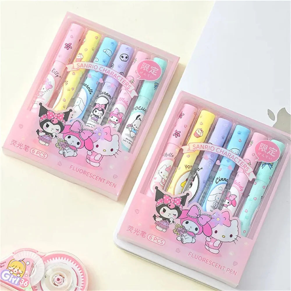 6Pcs Sanrio Hello Kitty Cinnamoroll Highlighter Pen Set Kawaii Kuromi