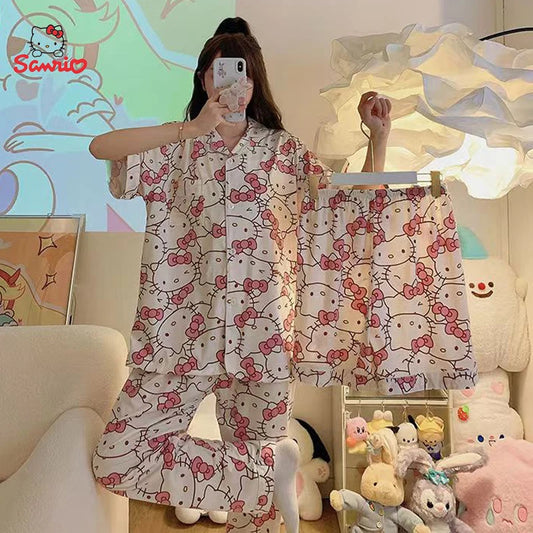 3pcs Sanrio Short Pajamas Hello Kitty Kawaii Cartoon Loose Sleepwear