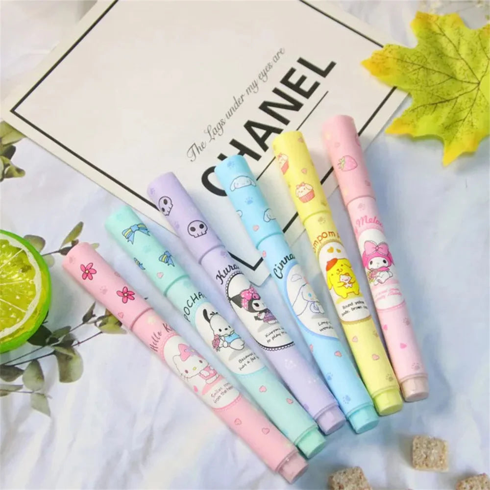 6Pcs Sanrio Hello Kitty Cinnamoroll Highlighter Pen Set Kawaii Kuromi