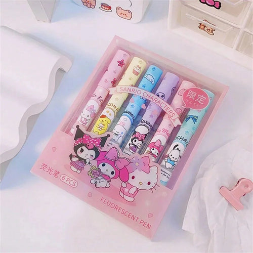 6Pcs Sanrio Hello Kitty Cinnamoroll Highlighter Pen Set Kawaii Kuromi