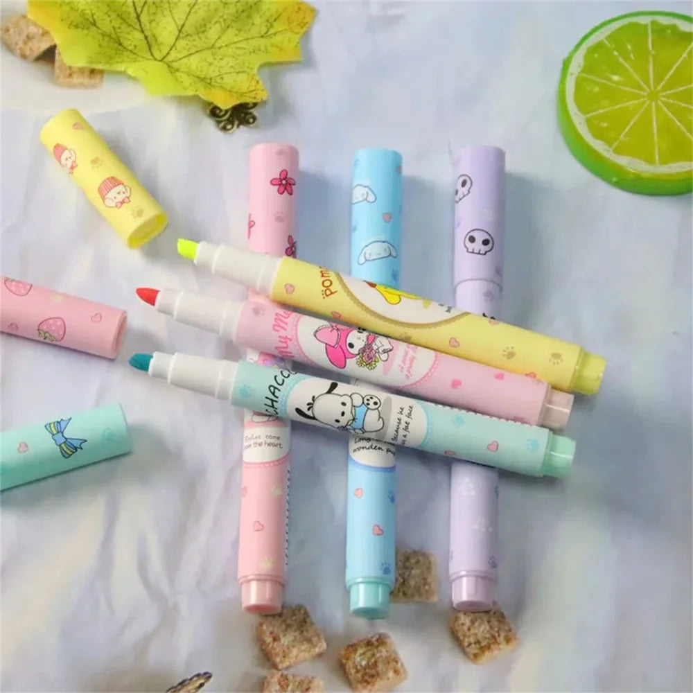 6Pcs Sanrio Hello Kitty Cinnamoroll Highlighter Pen Set Kawaii Kuromi