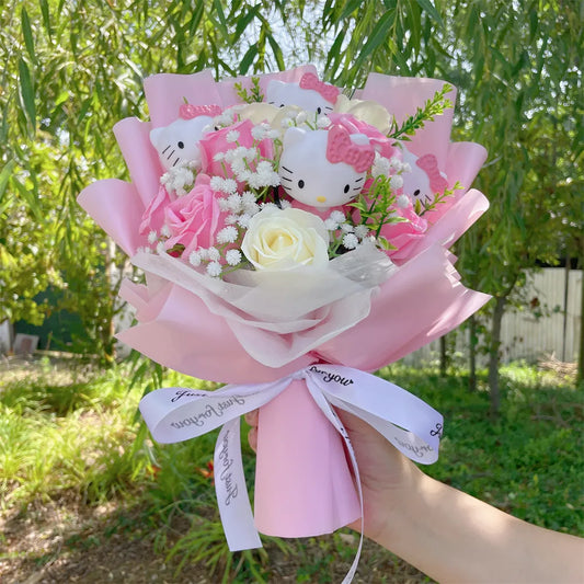 Kawaii Hello Kitty Cat Plush Dolls  Rose Soap Flowers Bouquet