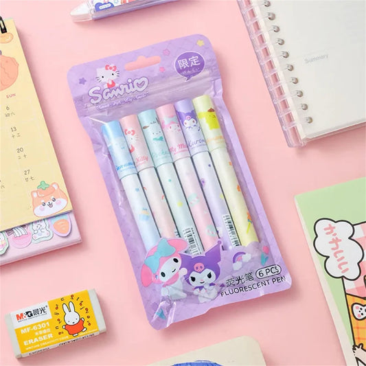 6Pcs Sanrio Hello Kitty Cinnamoroll Highlighter Pen Set Kawaii Kuromi